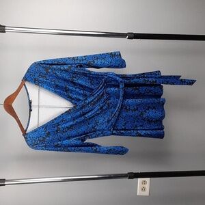 Isabel & Alice Y2K Faux Wrap Around Paisley Print Blue & Black Top